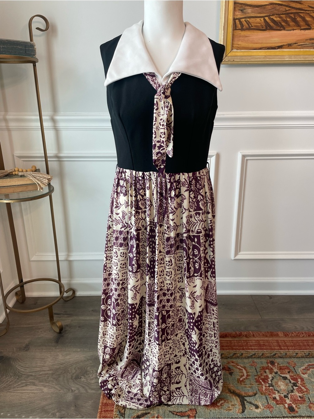70’s Sleeveless Black & Cream Floral Tie-Neck Maxi Dress